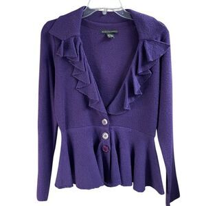 GRACE ELEMENTS Womens Purple Wool Sweater Cardigan Button Front Ruffles Sz Small